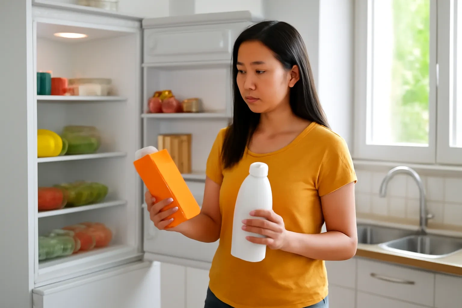 Người phụ nữ Việt Nam đứng trước tủ lạnh mở, tay cầm hộp nước ép và chai sữa đang phân vân