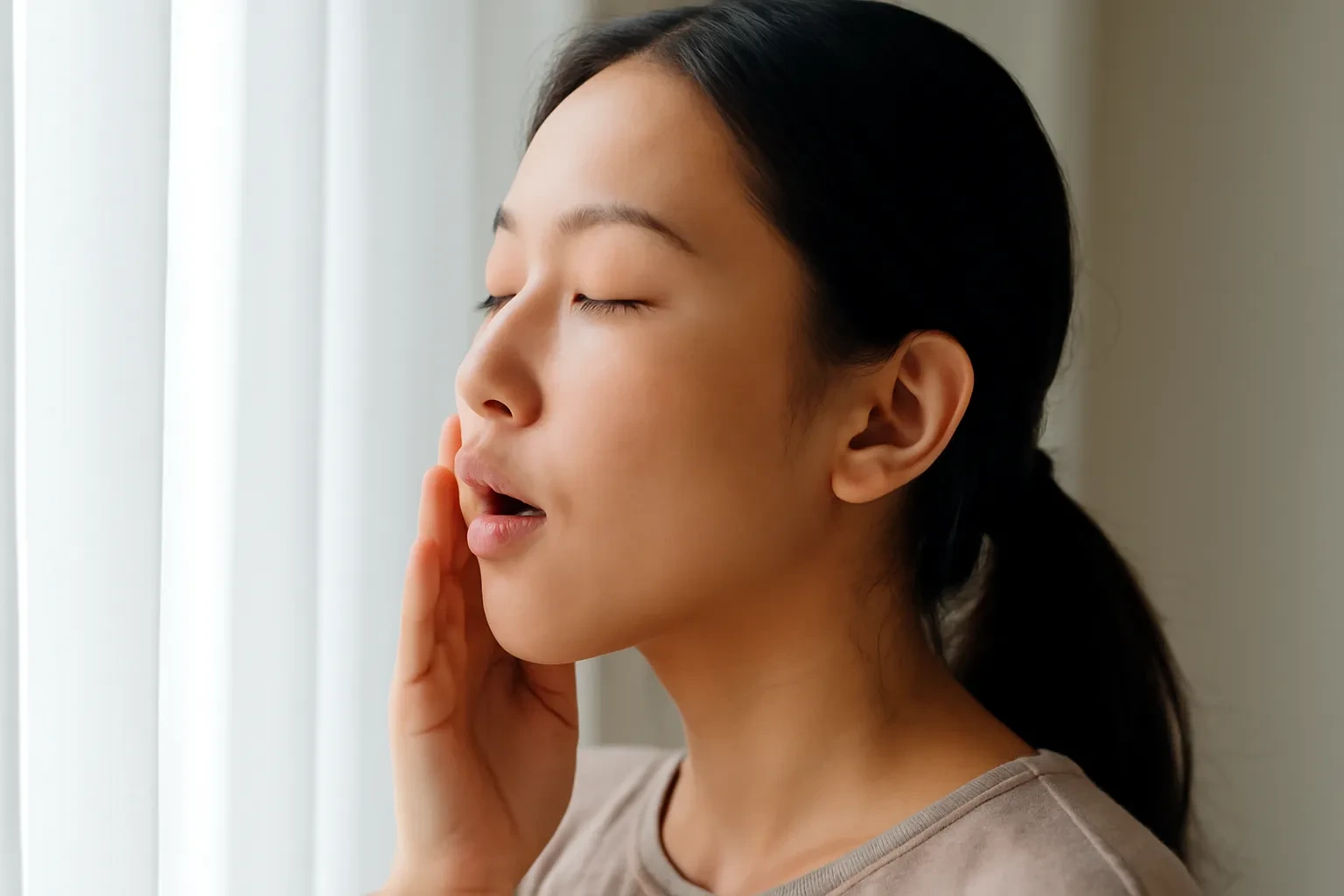 Cận cảnh nghiêng mặt cô gái Việt Nam nhắm mắt ngân nga, tay đặt nhẹ lên má