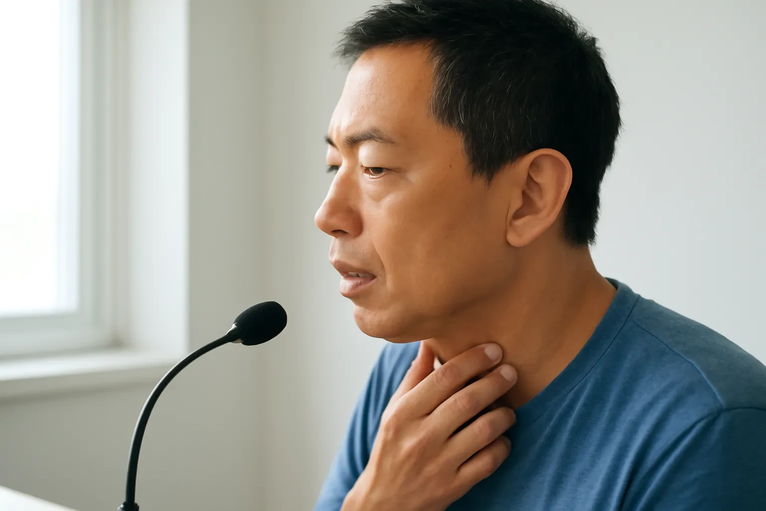 Người đàn ông trung niên người Việt nói chậm vào micro trên bàn, đầu ngón tay chạm nhẹ vào cổ để cảm nhận âm