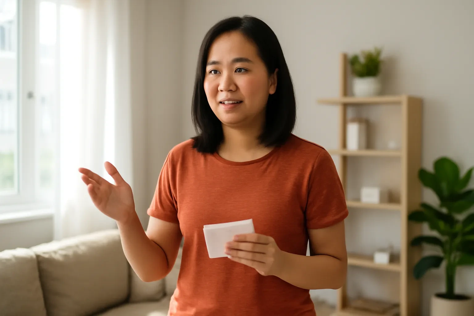 Người phụ nữ Việt đứng trong phòng khách tập nói, một tay cầm thẻ ghi chú, một tay diễn đạt