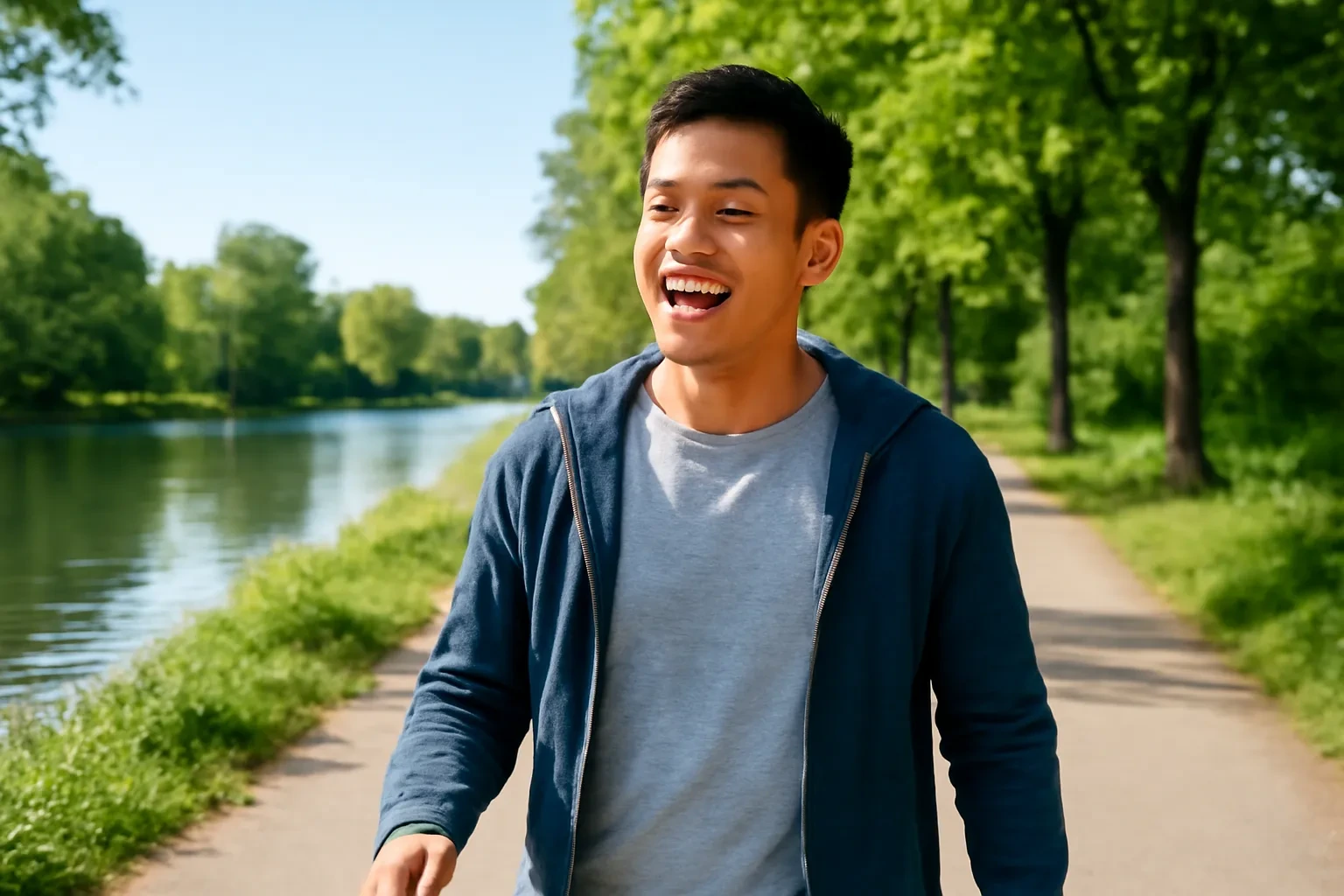Chàng trai người Việt đeo tai nghe vừa đi bộ ven sông vừa đọc to từ tiếng Đức vào buổi sáng