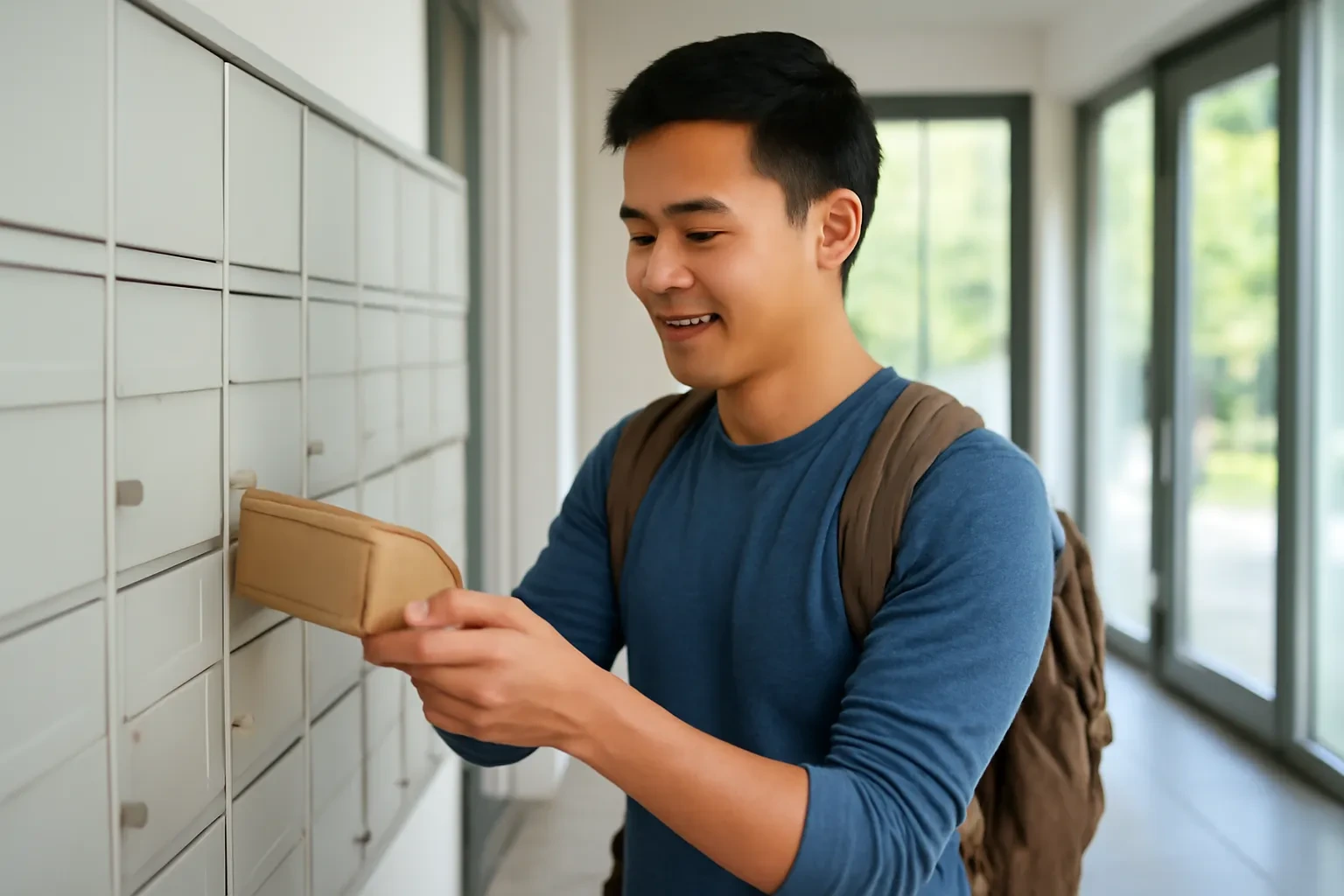 Chàng trai Việt lấy bưu kiện từ dãy hộp thư kim loại ở sảnh chung cư tại Đức