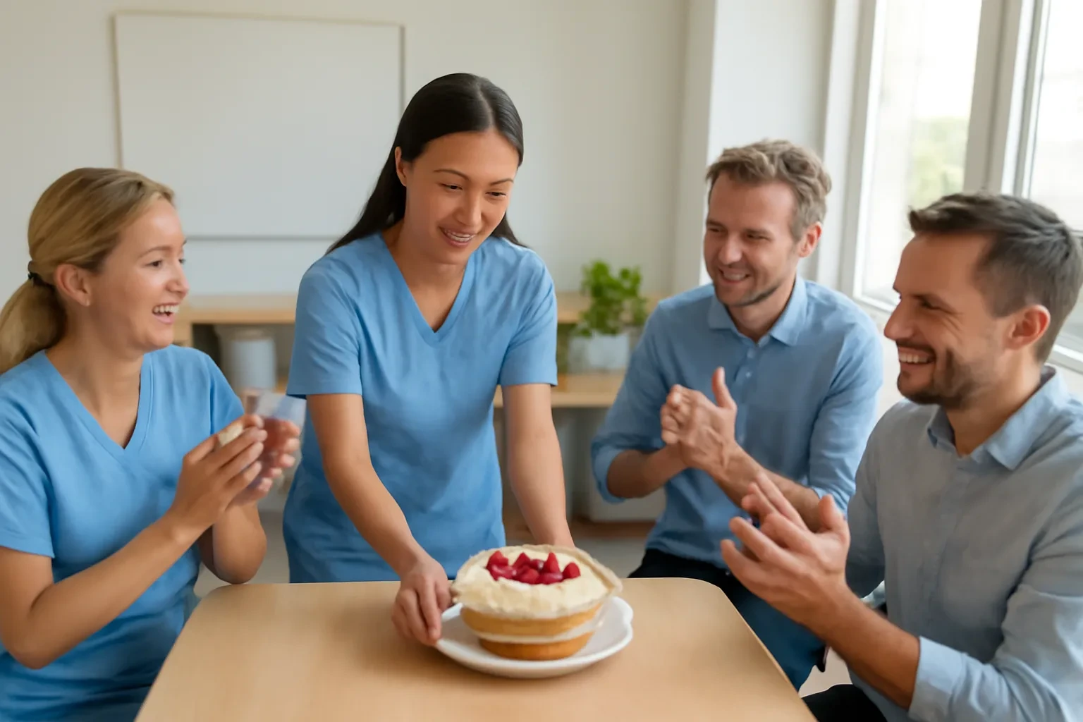 Cô điều dưỡng trẻ người Việt đặt chiếc bánh tự làm lên bàn phòng nghỉ, ba đồng nghiệp người Đức vỗ tay quanh bàn