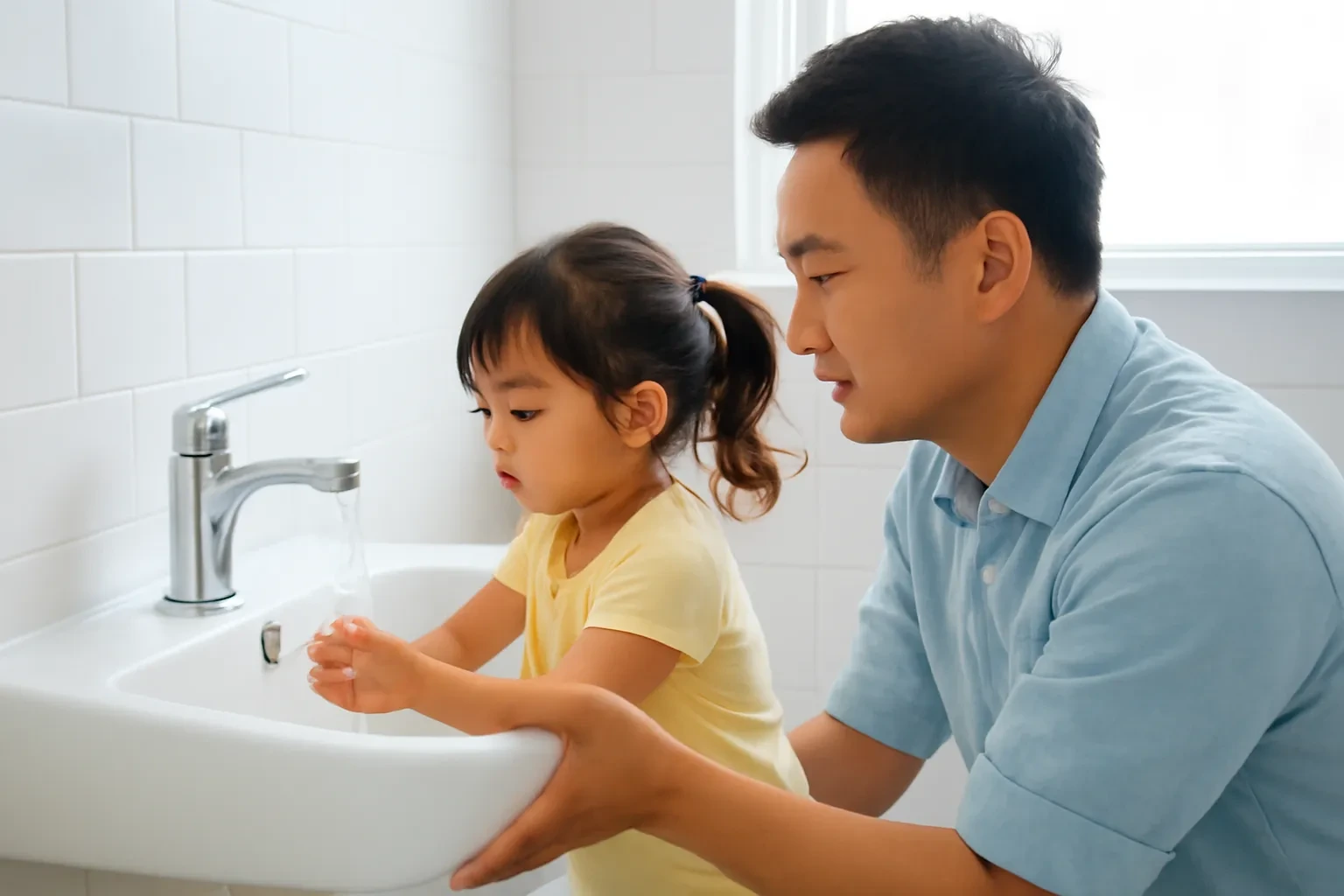 Bố và con gái nhỏ cùng rửa tay ở bồn rửa trong phòng tắm sáng
