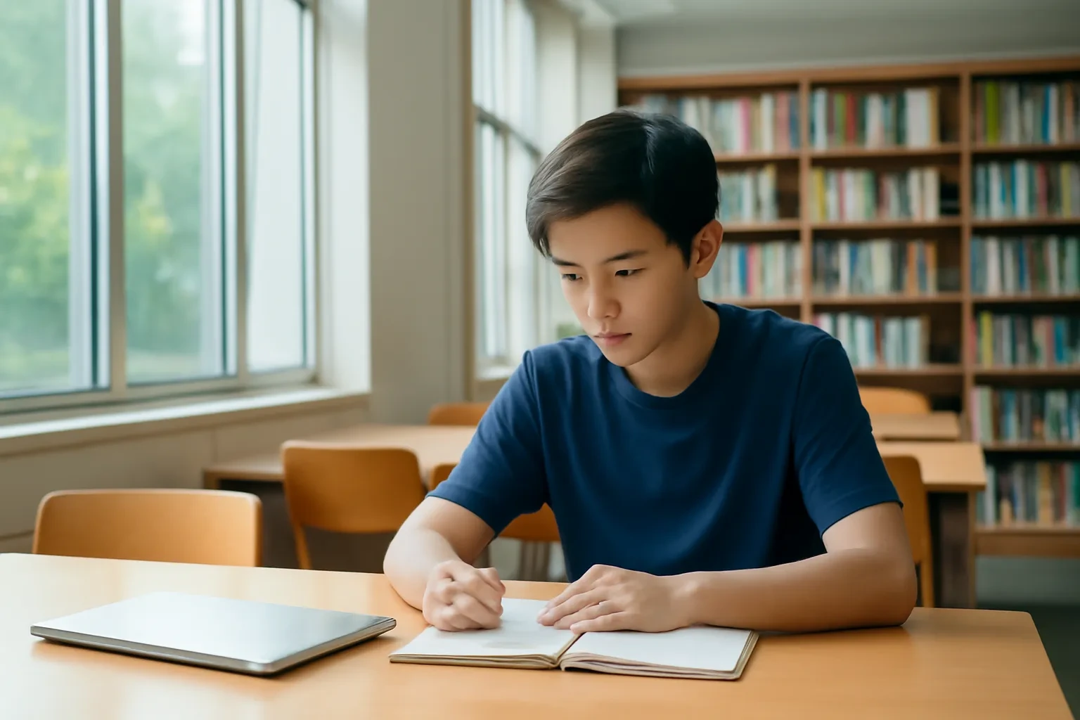 Nam sinh ngồi học một mình bên cửa sổ lớn trong thư viện
