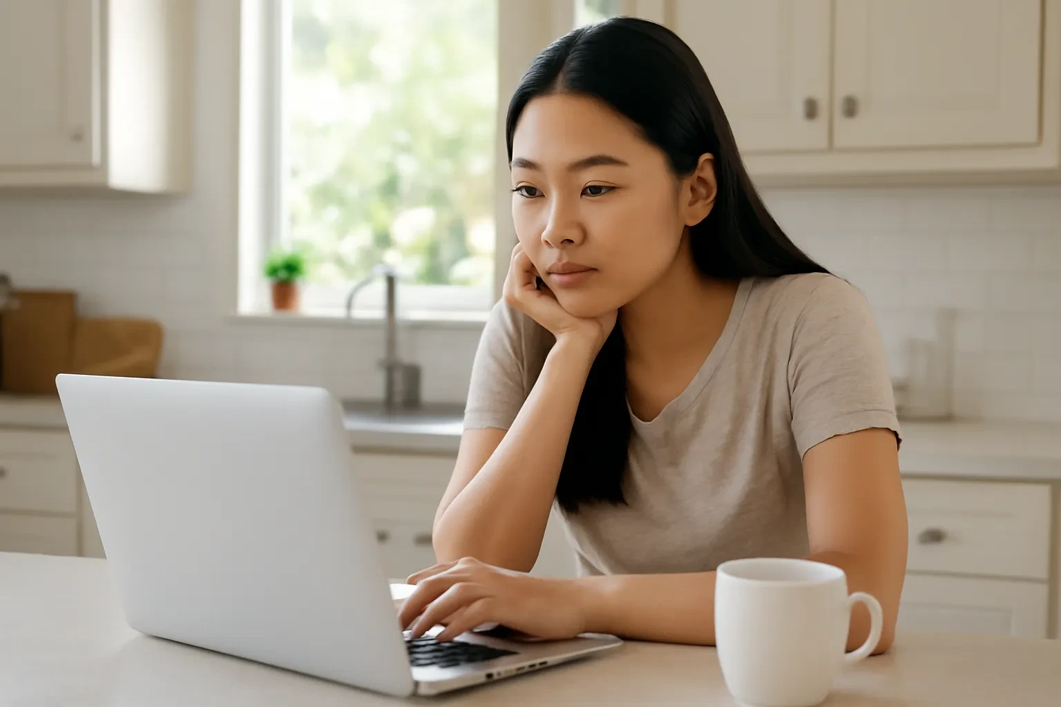 Cô gái người Việt ngồi gõ máy tính bên quầy bếp đầy nắng, tay chống cằm suy nghĩ