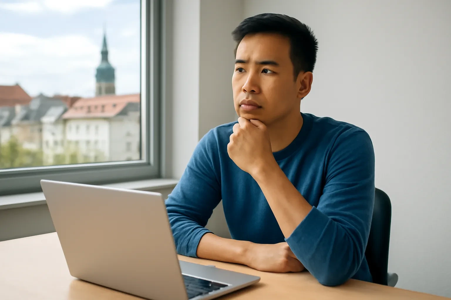 Chàng trai Việt Nam ngồi bên cửa sổ văn phòng ở Đức, xoa cằm suy nghĩ trước máy tính