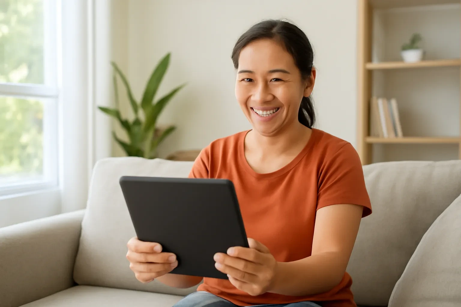 Người phụ nữ Việt Nam gần năm mươi tuổi ngồi sofa mỉm cười khi gọi video qua máy tính bảng