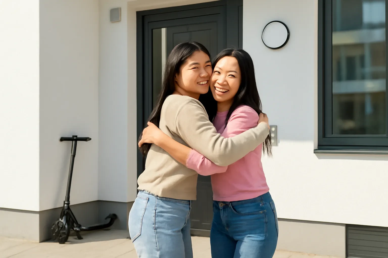 Hai cô gái Việt ôm chào nhau trước lối vào toà chung cư ở Đức