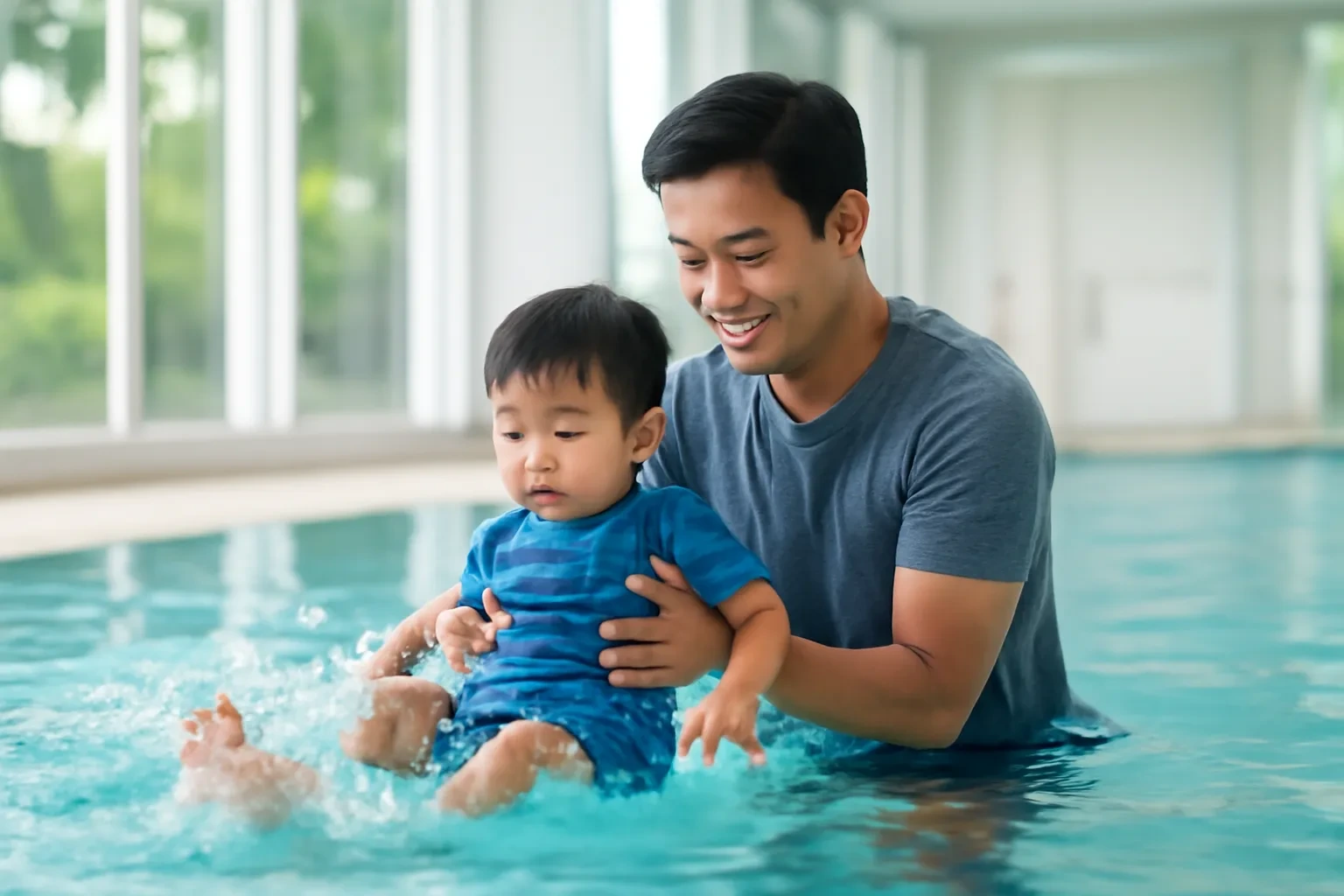 Người bố người Việt đỡ con trai nhỏ tập đạp nước trong bể bơi trong nhà đầy ánh sáng