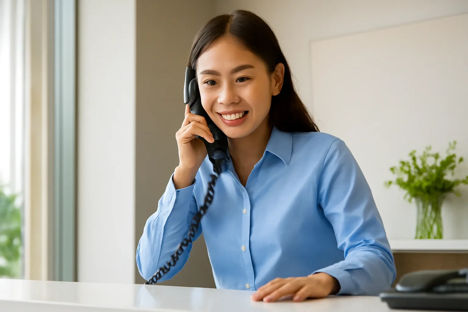 Nữ lễ tân trẻ áp ống nghe điện thoại, chăm chú lắng nghe ở quầy khách sạn